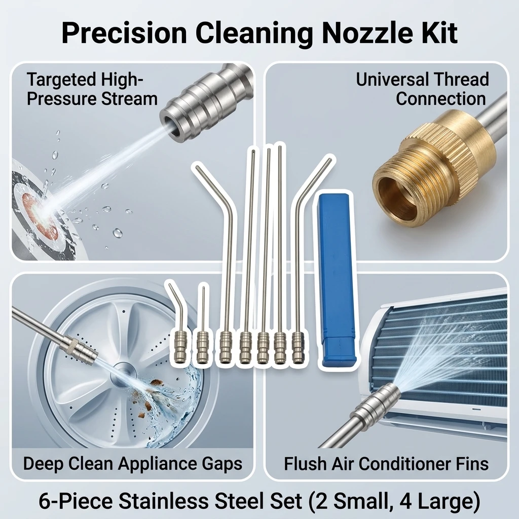 6pcs Cleaning Nozzles Stainless Steel for Washing Machine Air Conditioner Narrow Gap Deep Cleaning Kit Durable Tool Set