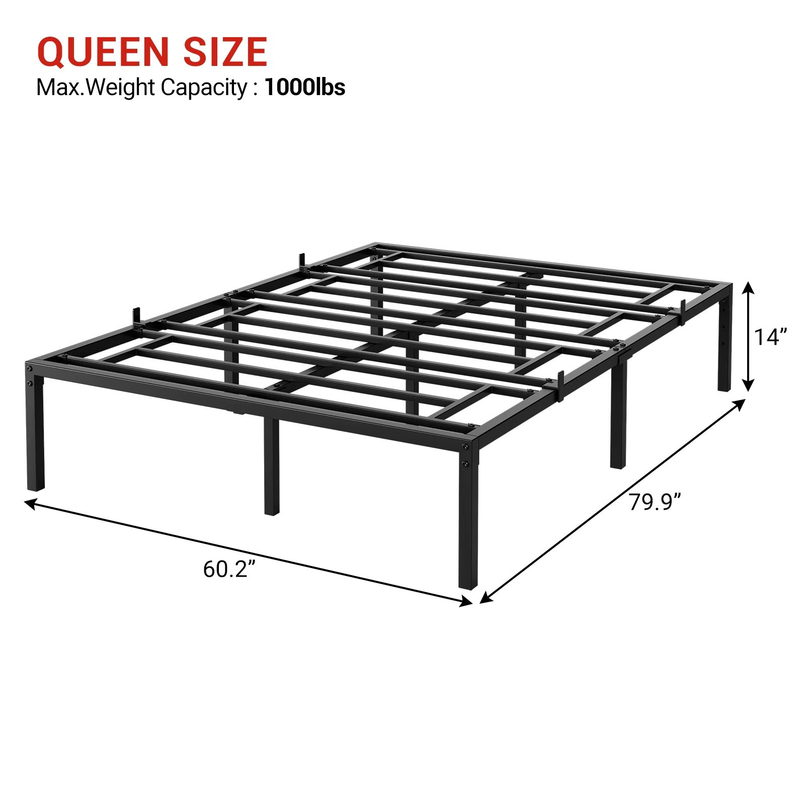 Rangka tempat tidur Logam Modern tanpa kotak pegas diperlukan/struktur baja diperkuat dengan bilah logam tugas berat/mudah dirakit/di bawah 12.8in