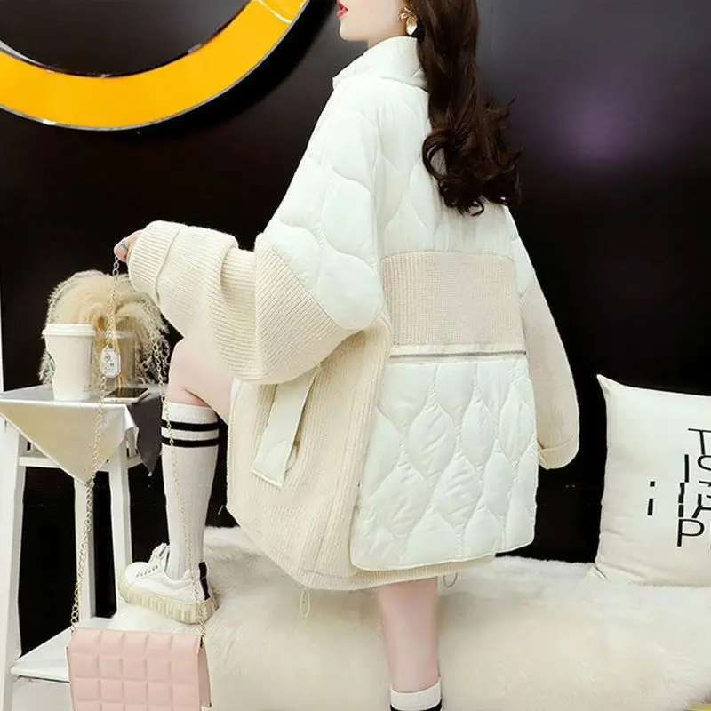 2024 Autumn/Winter New Women\'s Oversized Knitted Cotton Jacket Splicing Stand Up Collar Jacket