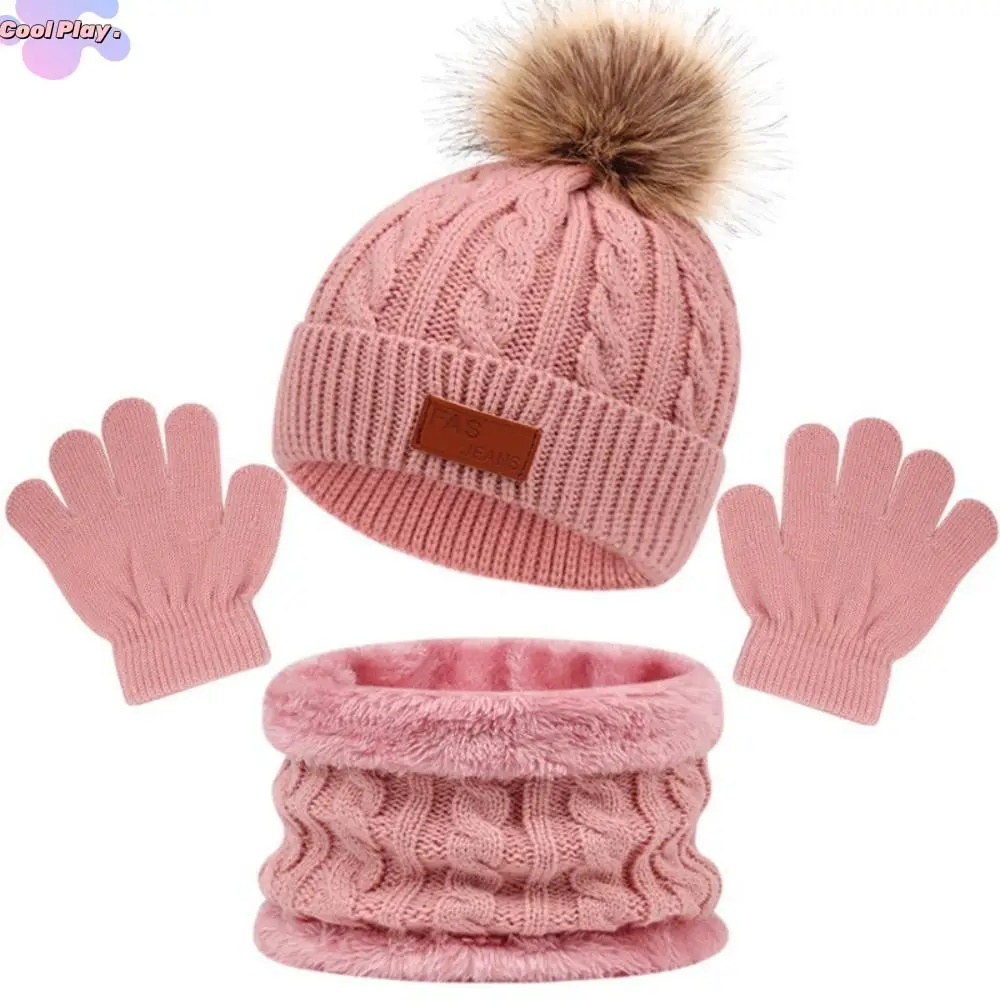 

3pcs/set Solid Color Baby Hat Scarf Gloves Set Comfortable Cute Pompom Knitted Hats Warmer Kids Hat Set Outdoor