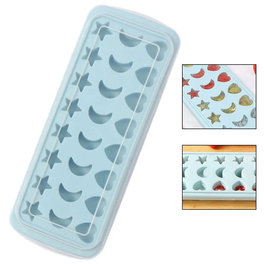 Food Grade Silicone Ice Mold Star Moon Heart Shape Lid Flexible Easy Release for Ice Cubes Pudding Jelly Soda Wine