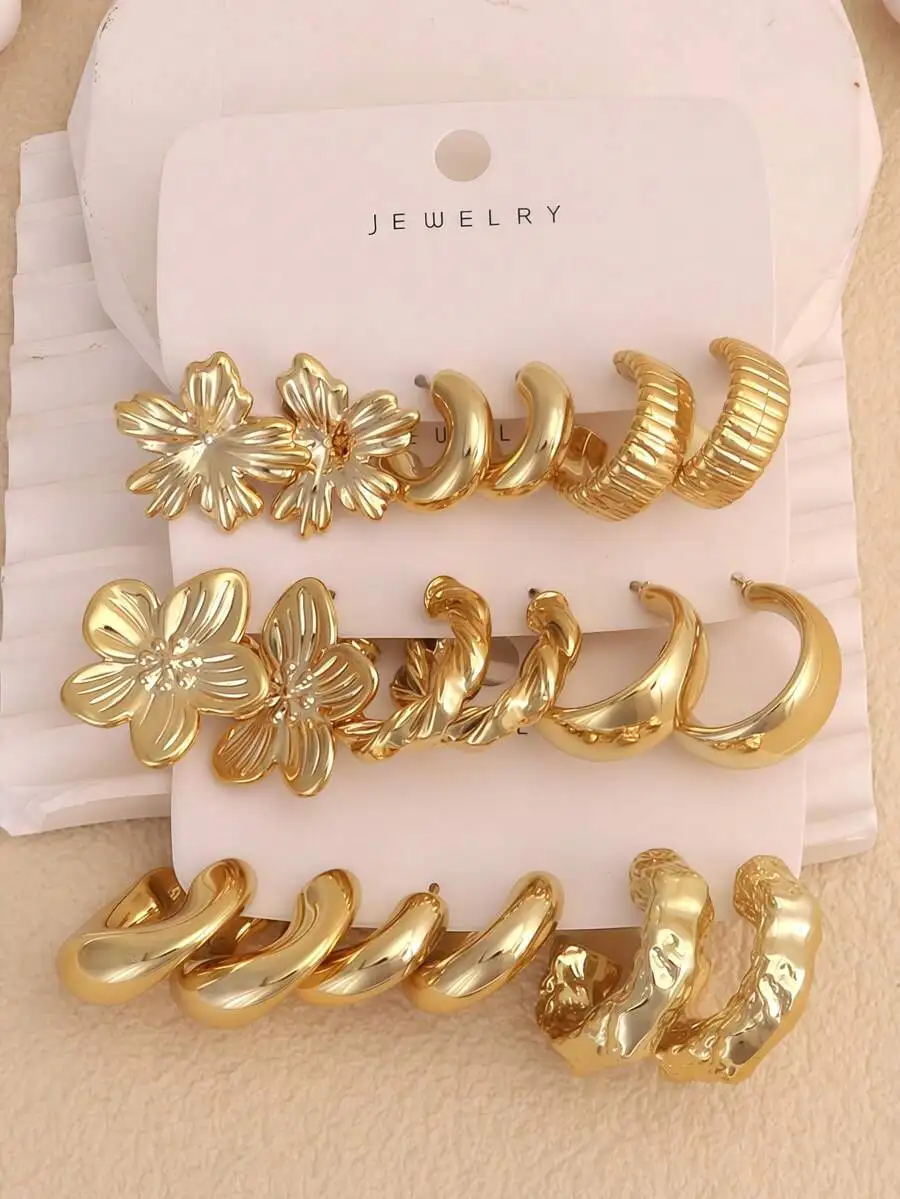 

Gold Tone Flower And Hoop Earring Set For Women Stylish Daily Party Wear