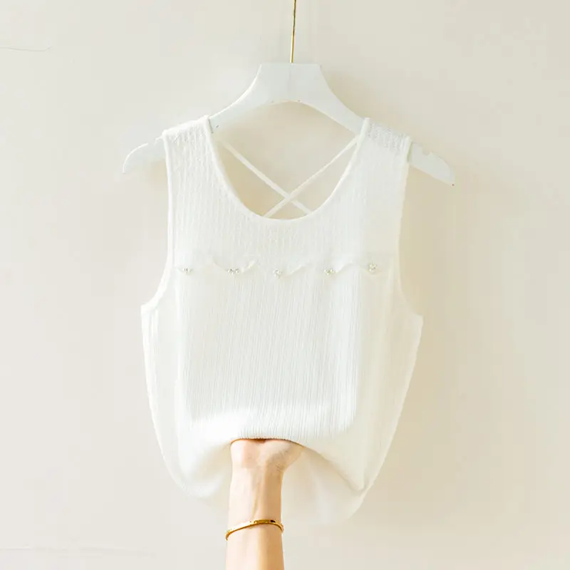 Ice Silk Suspender Vest for Women in Summer New Versatile and Fashionable Bead Base Shirt Loose Large Size Sleeveless Casual Top