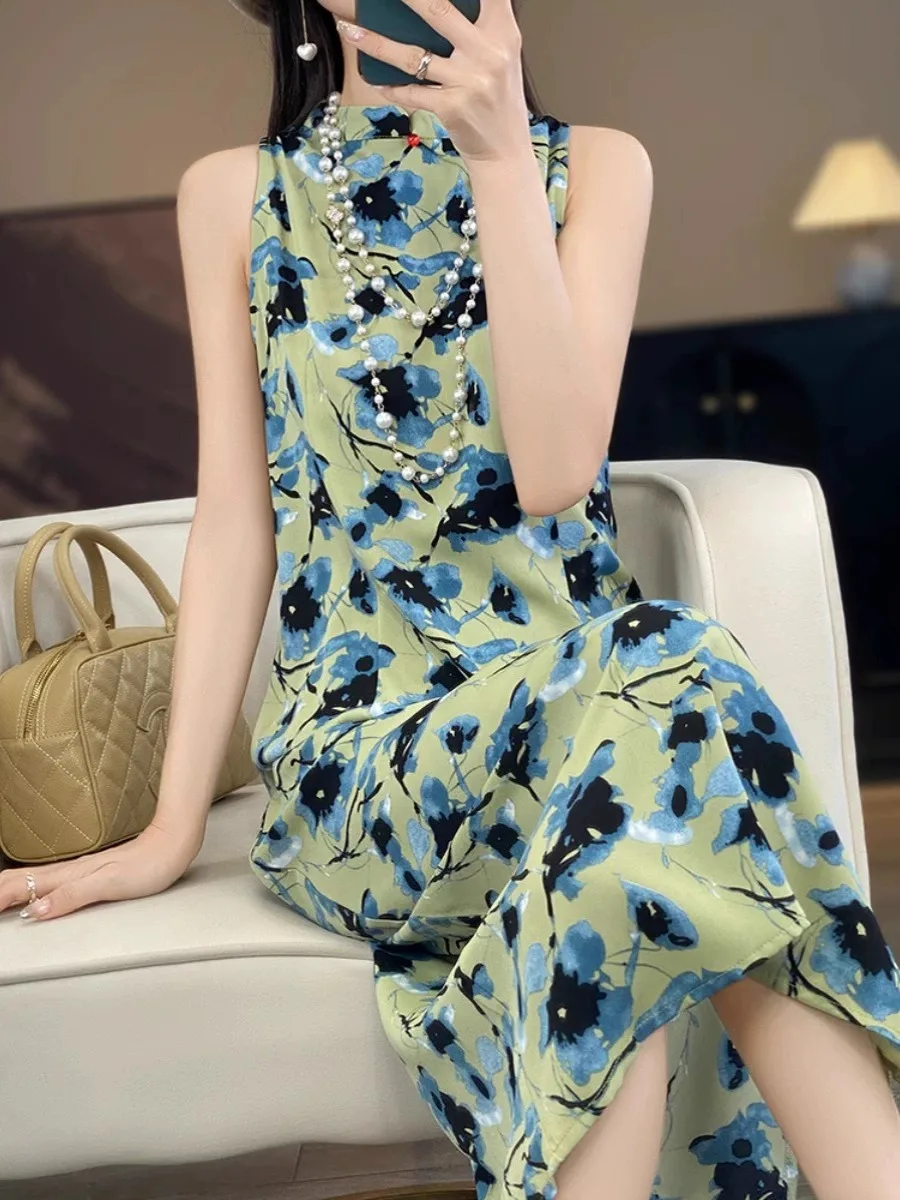 Acétate Satin imprimé Dr femmes rétro chinois Sle Qipao col Svel longue Dr nouvelle jupe fendue chinoise Sle