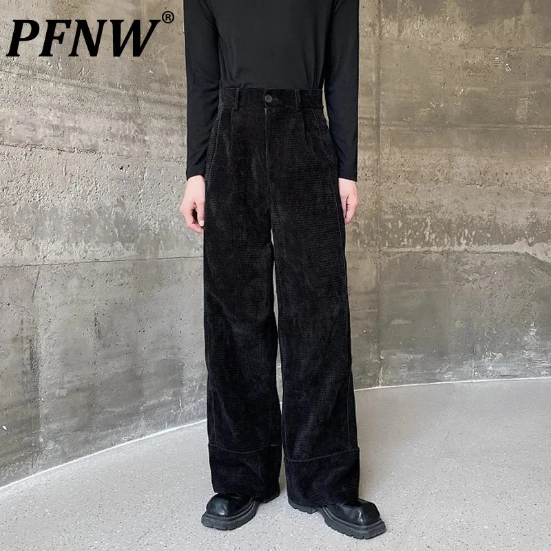 

PFNW Fashion Men's Casual Pants Webbing Design Male Solid Color Vintage Straight Wide Leg Trousers Thickened Autumn 9C3711