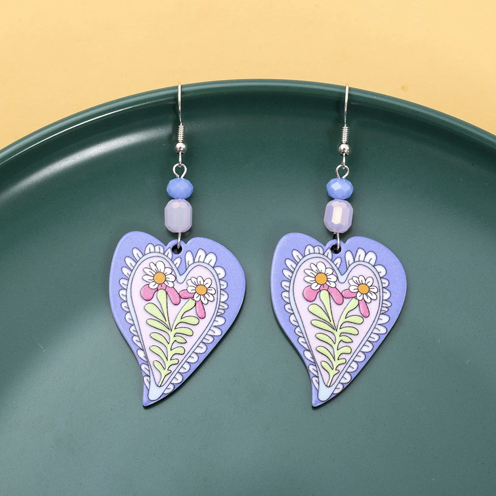 New Fashion Blue Acrylic Flower Relievo Printing Heart Earrings For Women Vintage Style Cute Valentine\'s Day Gift Girls Jewelry