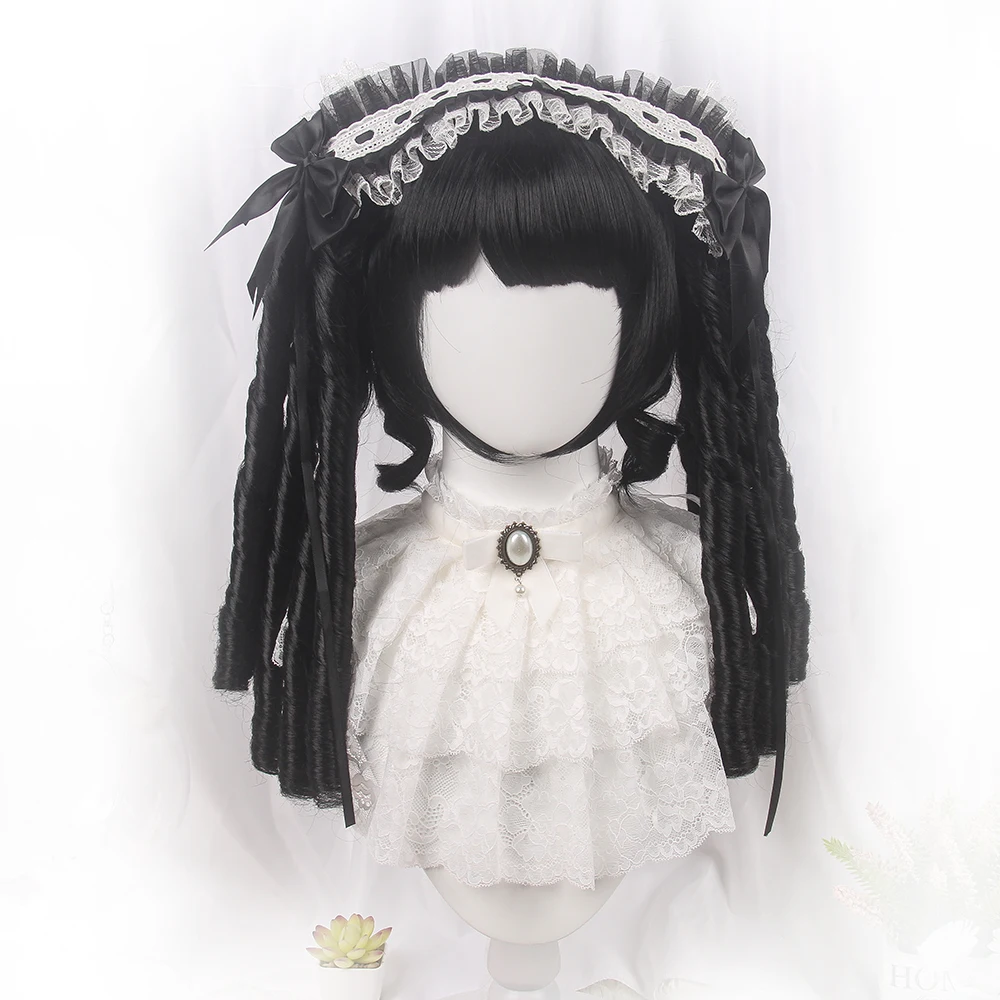REEWES Long Curly Twin Ponytails Synthetic Wig Bangs Lolita Party Chic Girls Princess Black Golden Blonde Short Heat Resistant