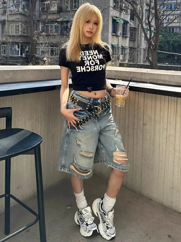 2025 otoño nueva personalidad rasgado cinco puntos pantalones cortos de mezclilla mujeres hasta la rodilla cintura alta pantalones vaqueros holgados mujeres