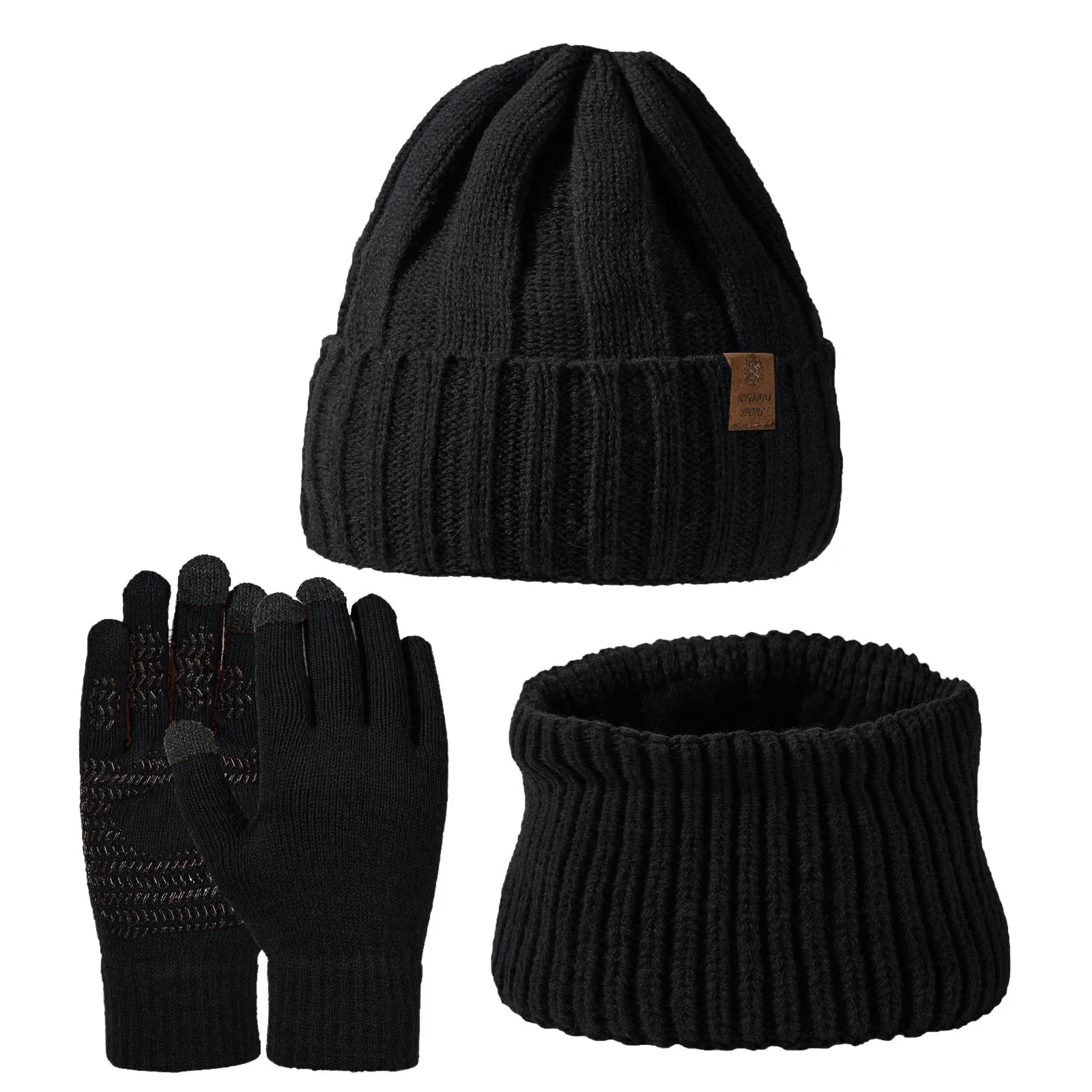 Men's and Women's Thickened Warm Knitted Hat Scarf Gloves Three-piece Set Unisex Winter Warm Scarf Hat & Gloves Sets