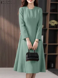 ZANZEA Elegant OL Pleated A-line Long Dresses Women Office Shirt Dress 2024 Spring Round Neck Robe Fashion Collect Waist Vestido