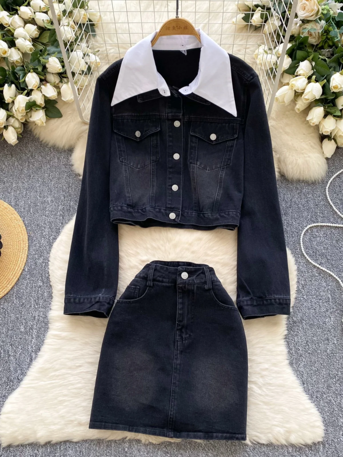 

Французский винтажный комплект из двух предметов, женский синий, черный джинсовый лоскутный однобортный топ с длинными рукавами и короткая юбка с высокой талией, весна