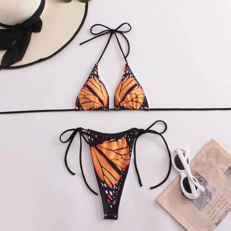 Unique Two-piece Bikini Stylish Sexy Swimsuit Printed Straps Backless Swimsuit