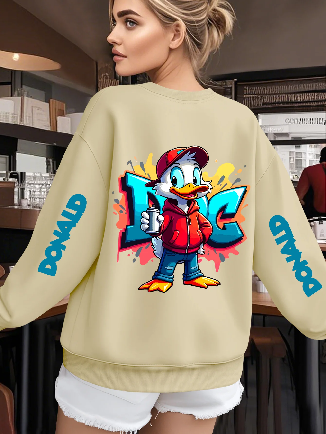 디즈니 도널드 덕 그래피티 스트리트 아트 프린트 여성용 남성용 코튼 가을/겨울 풀오버 후드티 오버사이즈 탑 긴 소매
