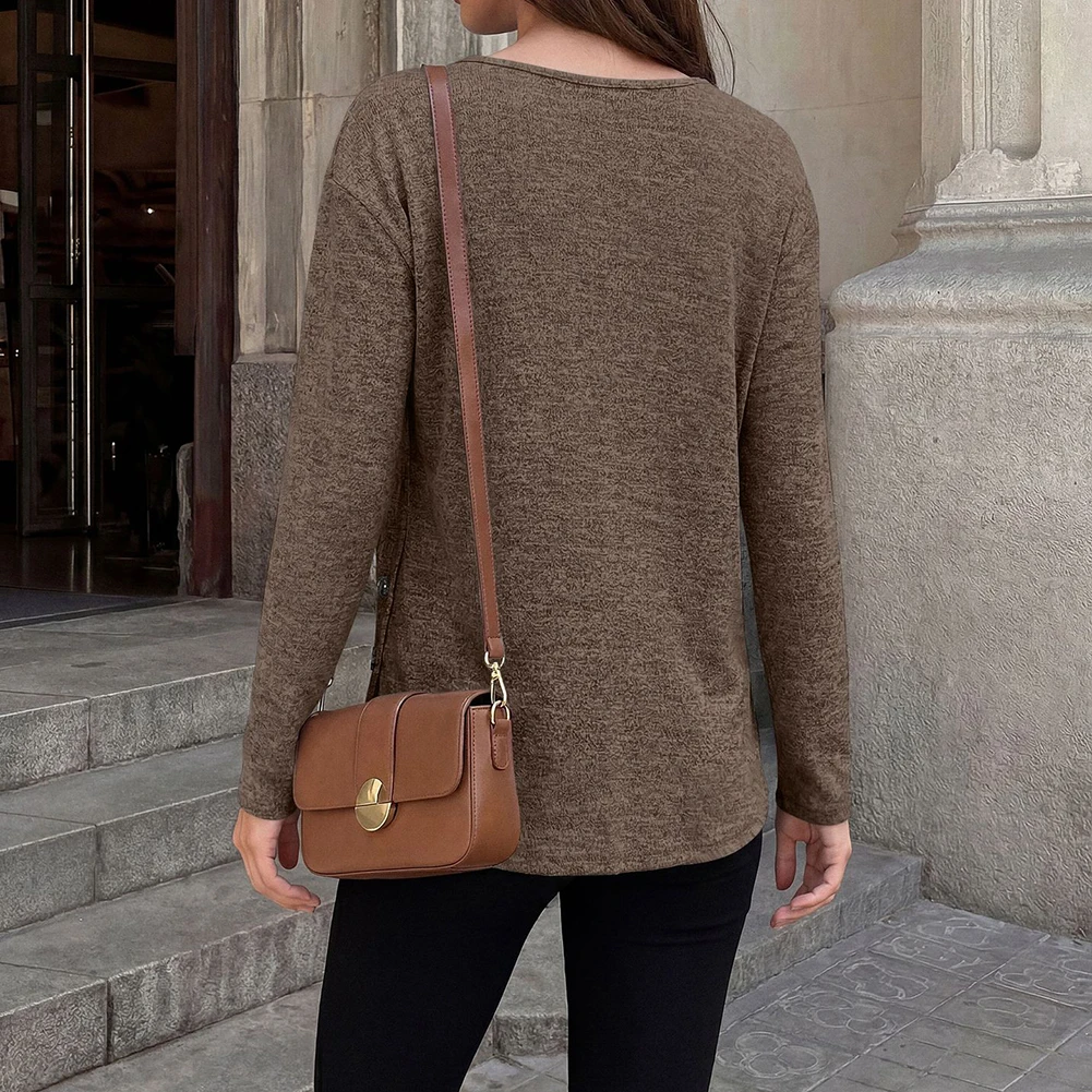 Womens Solid Color Polyester Top Long Sleeve Round Neck Loose for Fit with Front Buttons and Side Slit for Summer Use