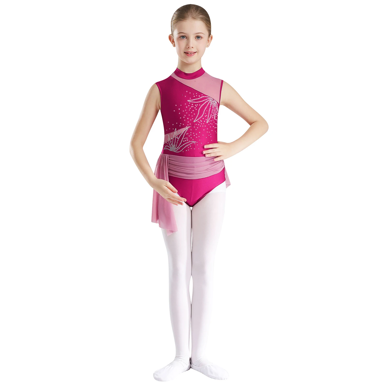 

New Kids Girls Professional Ballet Dancewear Figure Skating Gymnastics Leotards Sheer Mesh Patchwork Sleeveless Skirted Bodysuit