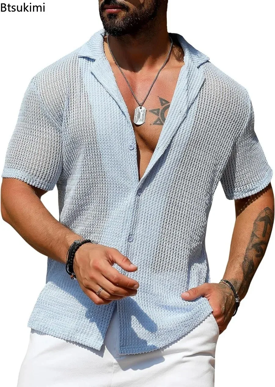 New Men's Fashion Knitwear Shirts Male Sexy See Through Tops Summer Casual Button Lapel Short Sleeve Cardigan Hollow Out Shirts