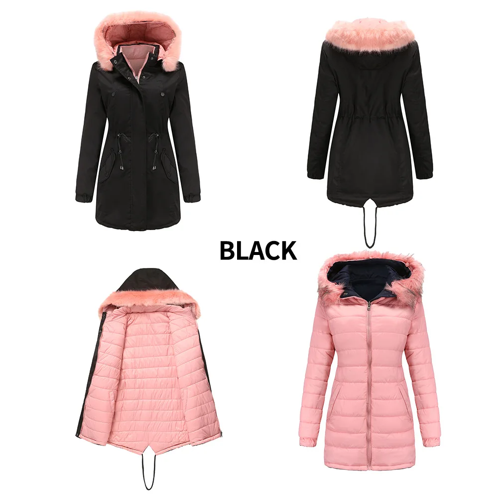 2024 Winter Women\'s Jacket Female Double Sided Wear Detachable Fur Collar Cotton Jacket Women\'s Thicken Warm Parka Coats