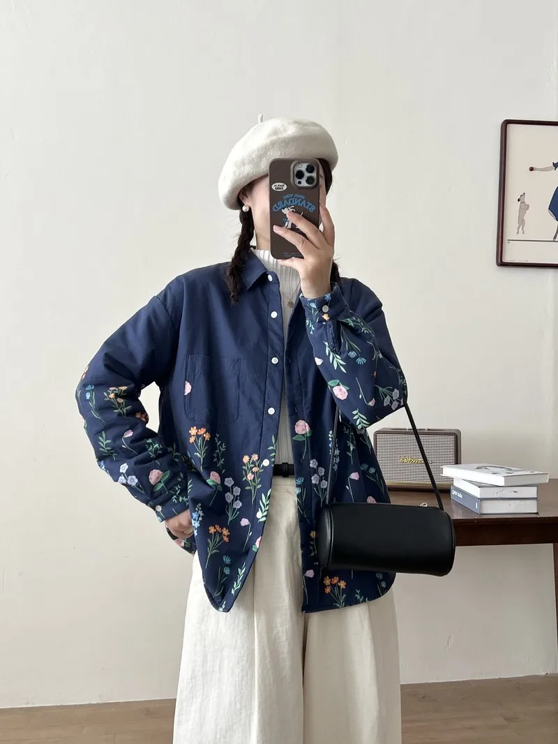 Japanese Sweet Mori Girl Floral Printed Cotton Padded Shirts Women Autumn Winter Long Sleeve Warm Loose Prairie Chic Outerwear
