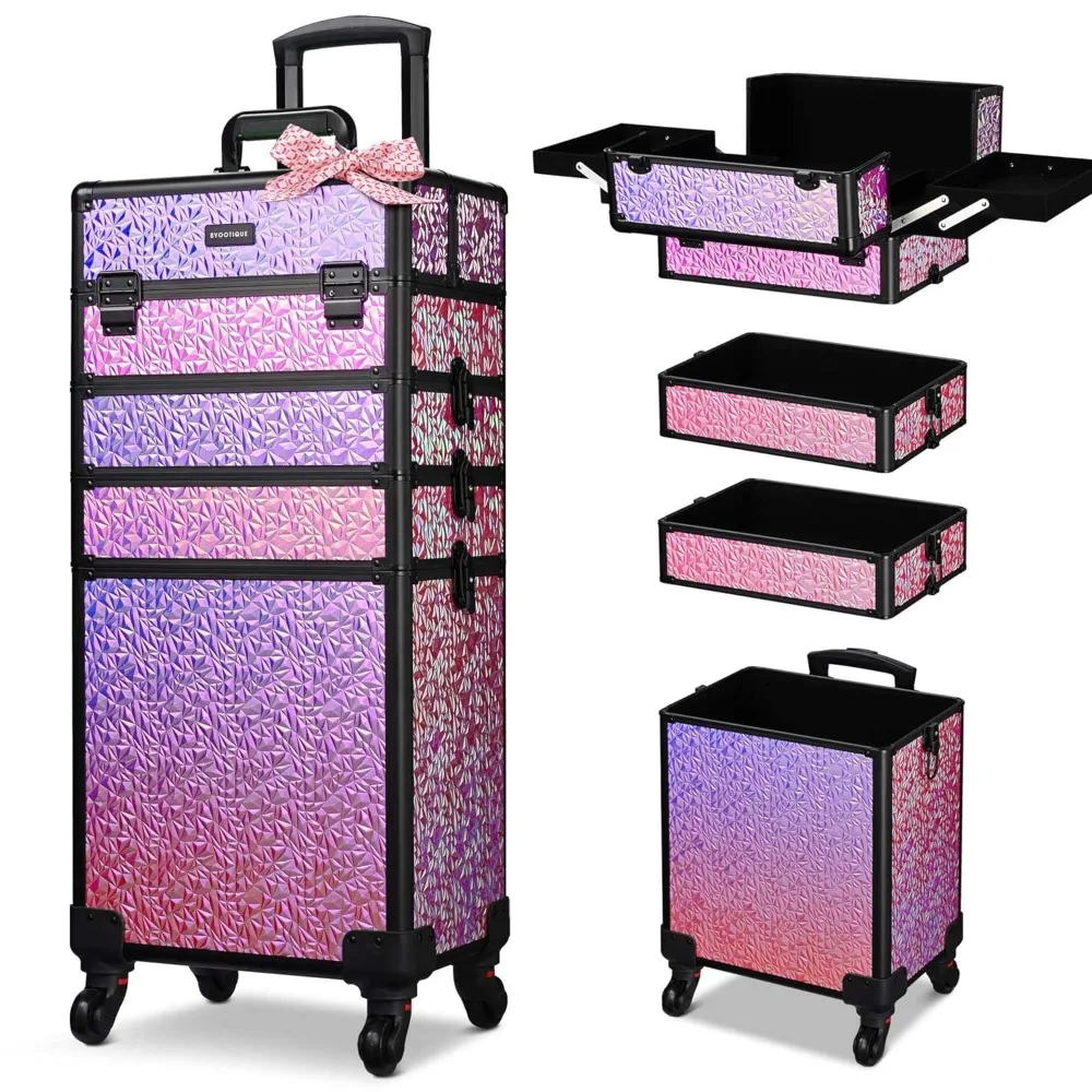 

ng Makeup Train Case on Wheels 4in1 Cosmetology , Hairstylist Artist Nail Beauty Salon Barber,Mermaid Pink