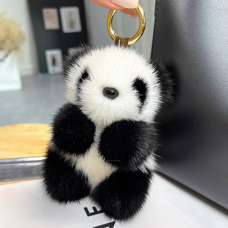 LLavero de coche de oso Panda de peluche pequeño para mujer, adornos de bolso, piel de visón de imitación, lindo llavero de coche, regalo de moda