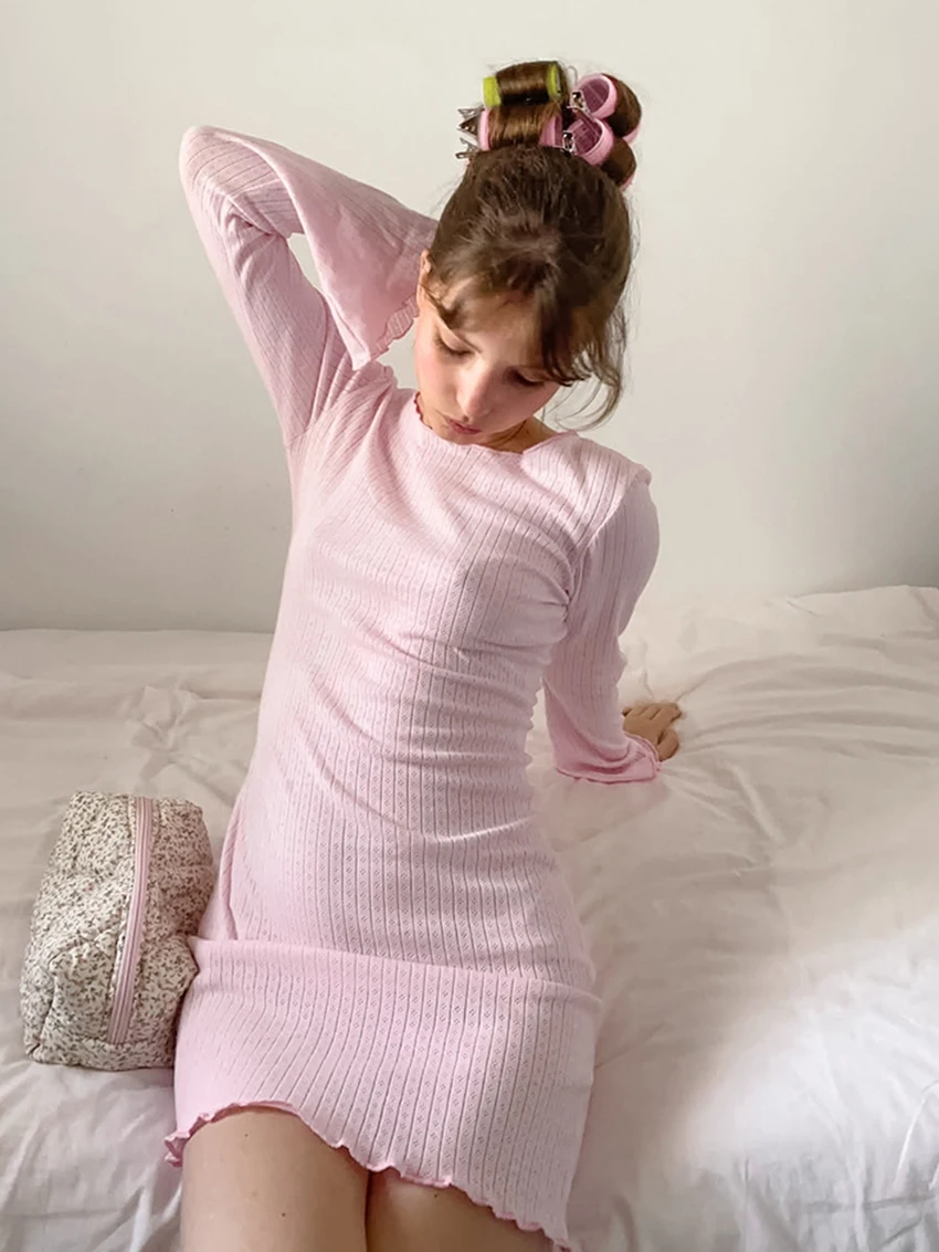 มาร์ธาคิคิบ้านเสื้อผ้าผ้าฝ้ายหญิง O-คอชุดนอนแขนยาวชุดราตรีสีชมพูชุดลำลองฤดูใบไม้ร่วงชุดนอนสตรี