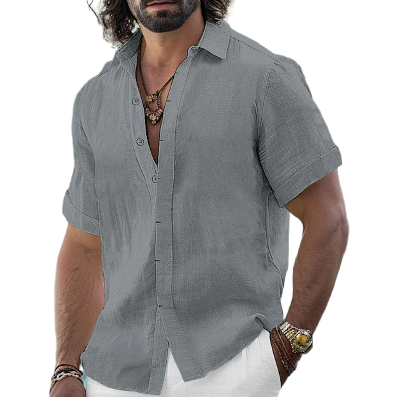 

Mens Summer Cotton Linen Short Sleeve Shirt Button Down Roll Up Cuffs Casual Breathable Tops for Beach Vacation