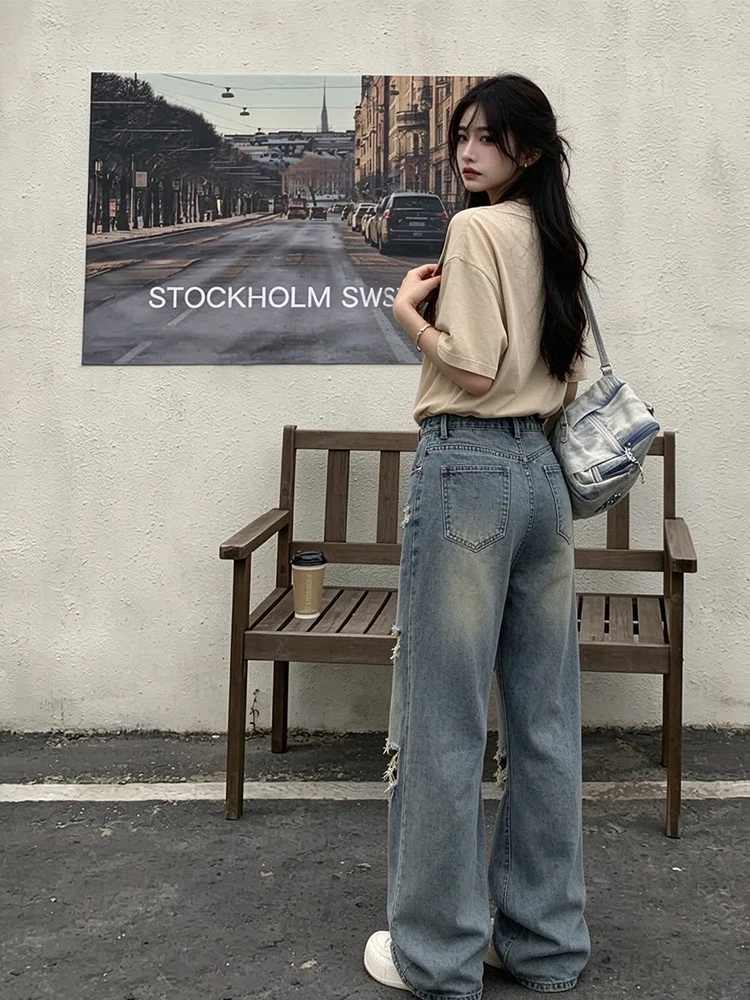 Y2K Ladies High Rise Wide Leg Denim Pants Retro Faded Wash Multi Ripped Destroyed Baggy Jeans Casual Bottoms