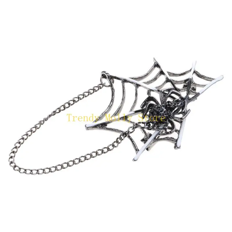 N5KB Punk Spiders Net Lapel Pin with Chain Halloween Costume Jewelry Accessories for Women Men, Punk Chain Brooch Lapel Pin