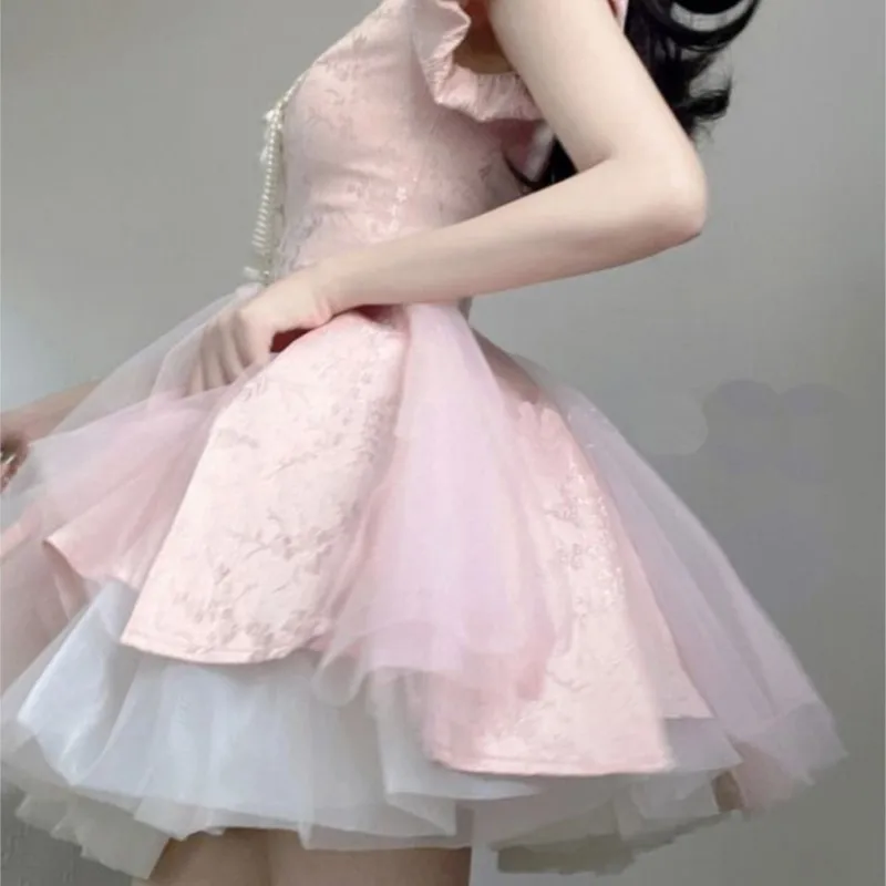 

Pink Dress Women's New Chinese Heavy Industry Improved Cheongsam Tassel National Style Bubble Skirt