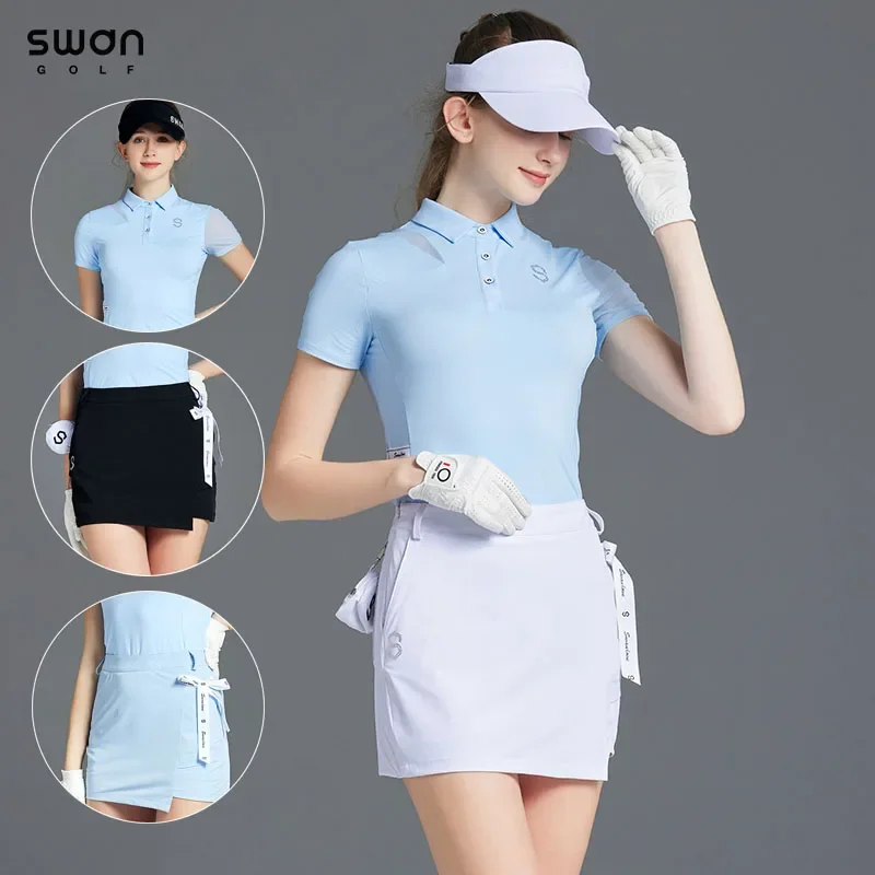 

SG Summer Lady Ice Silk Short Sleeve Tops Quick-dry Golf Polo T-shirt Women Golf Pencil Skirt with Bowknot Slim Sports Skort Set