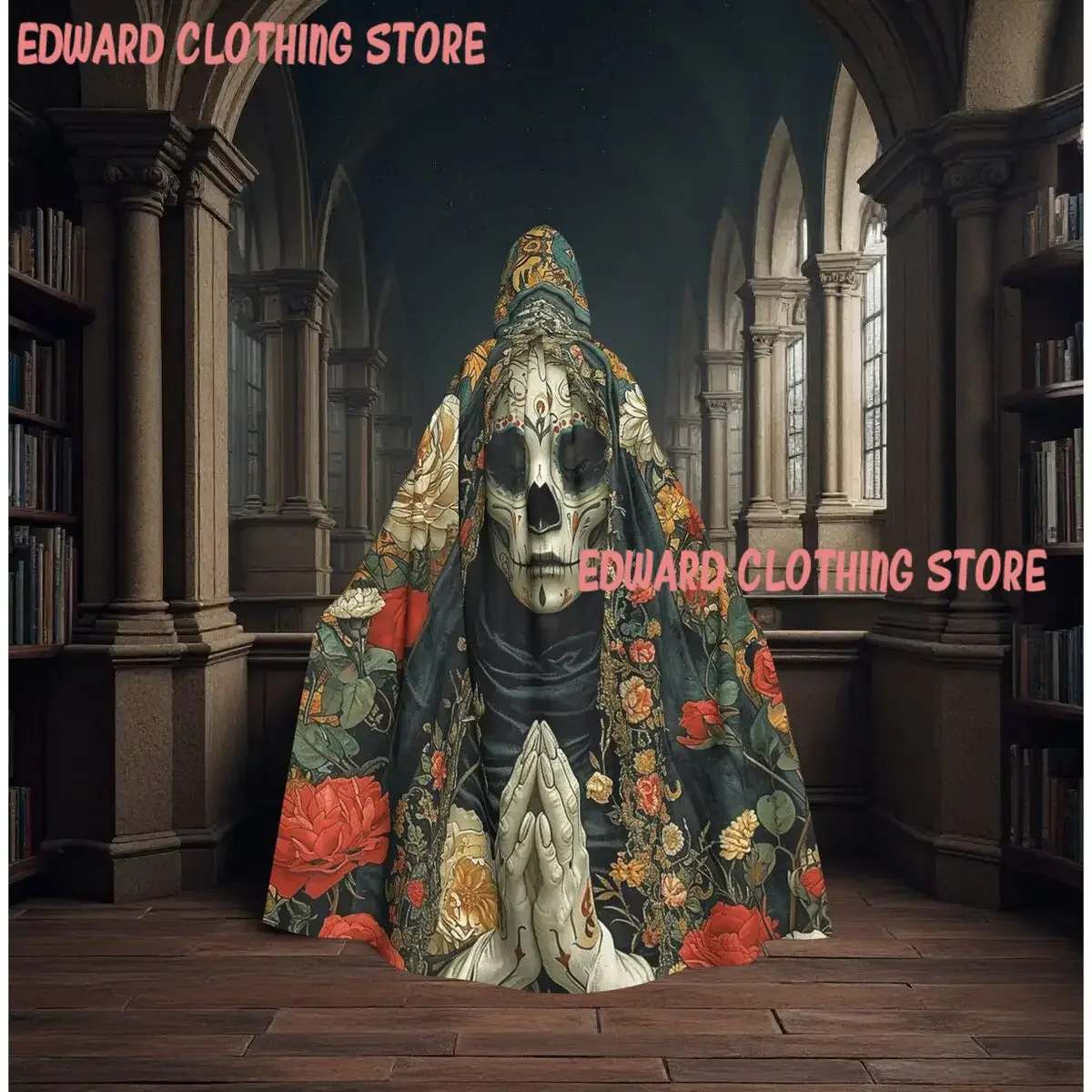 Santa Muerte con corona floral y maquillaje de calavera, capa larga con capucha, disfraz medieval de bruja, capa para cosplay, fiesta de Halloween, unisex.
