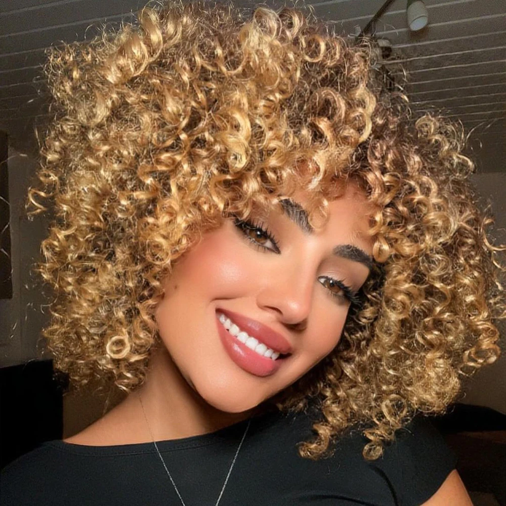 Blonde Curly Wigs for Women Short Afro Kinky Curly Wigs with Bangs Synthetic Heat Resistant Hair Replacement Wig with Wig Caps