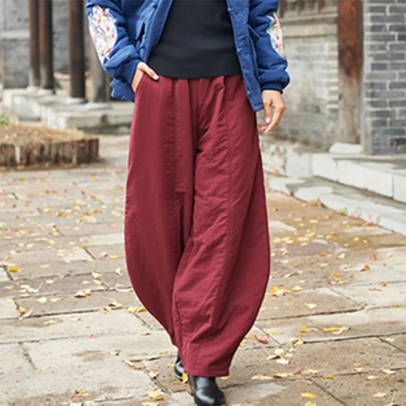 

Pop Women Baggy Cargo Ethnic Vintage Elastic High Waist Loose Long Cotton Line Oversize Trousers Wide Leg Clothes Large Size