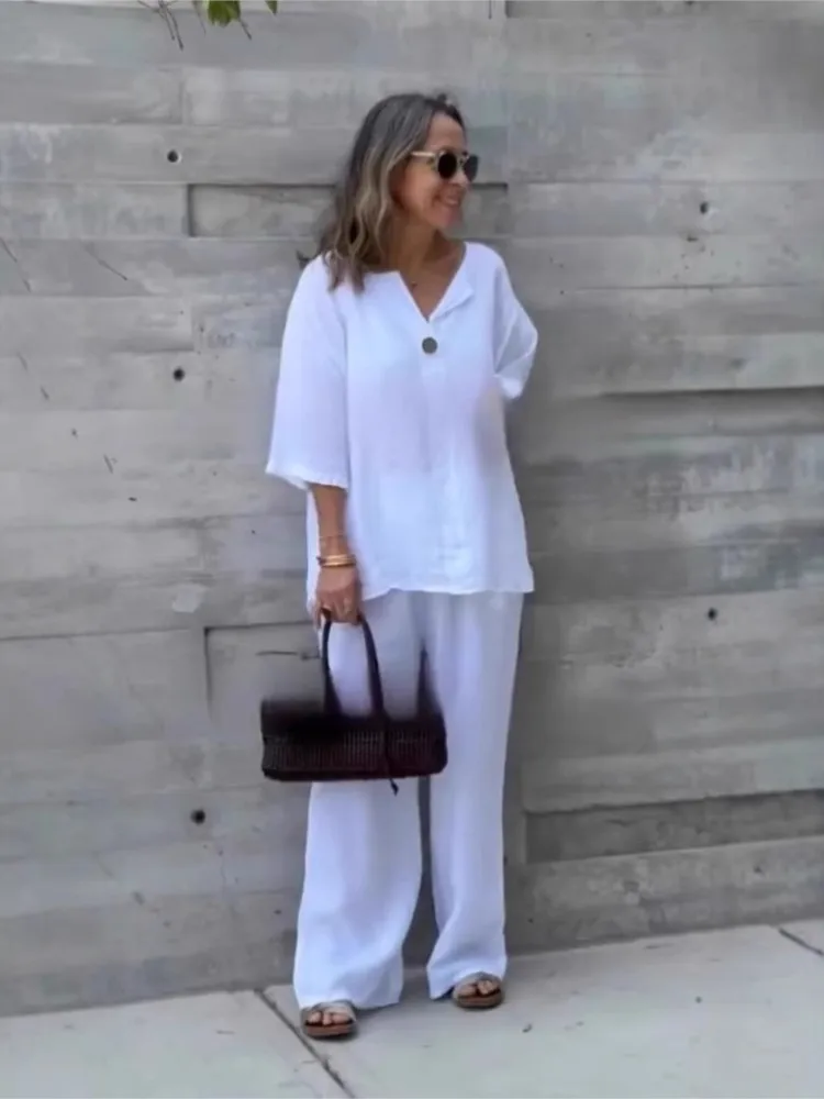 Neue Mode Taste Top + Breite bein Hosen Zwei-stück Sets Frauen Einfarbig 2025, Herbst Beiläufige Lose Hemd hosen Anzug Für Frauen