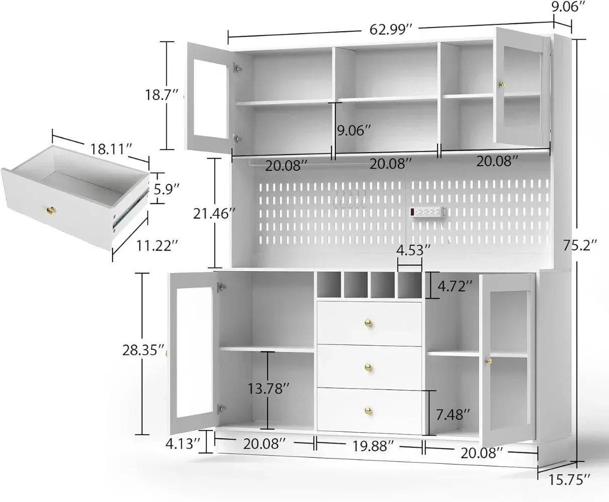 Pantry Cabinet, Kitchen Storage Cabinet, Freestanding Buffet Hutch with Pegboard, Cup Holder, Power Outlet