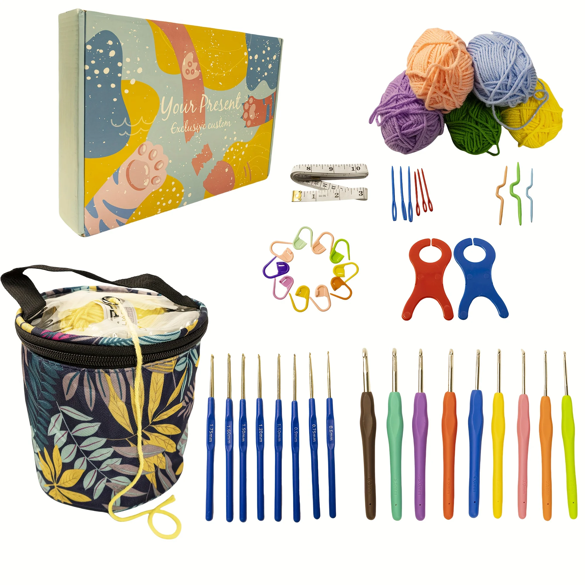 

Adult Crochet Starter Kit for Women | 5 Premium Yarns + 2-6mm Hooks & Flower Tote | All-in-One Gift Box with DIY Tools & Random