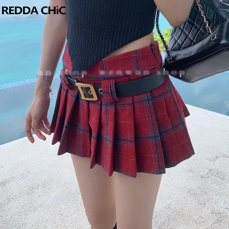 REDDACHiC High Waist A-line Pleated Mini Skirt with Leather Belt Vintage Red Plaid JK Skorts Korean Dongdaemun School Uniform