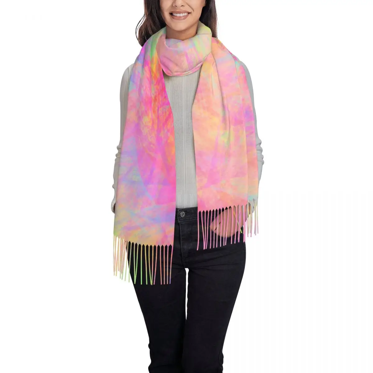 Multi Neon Paint Scarf with Tassel Tie Dye Print Warm Soft Shawls Wrpas Lady Design Head Scarves Autumn y2k Funny Bufanda