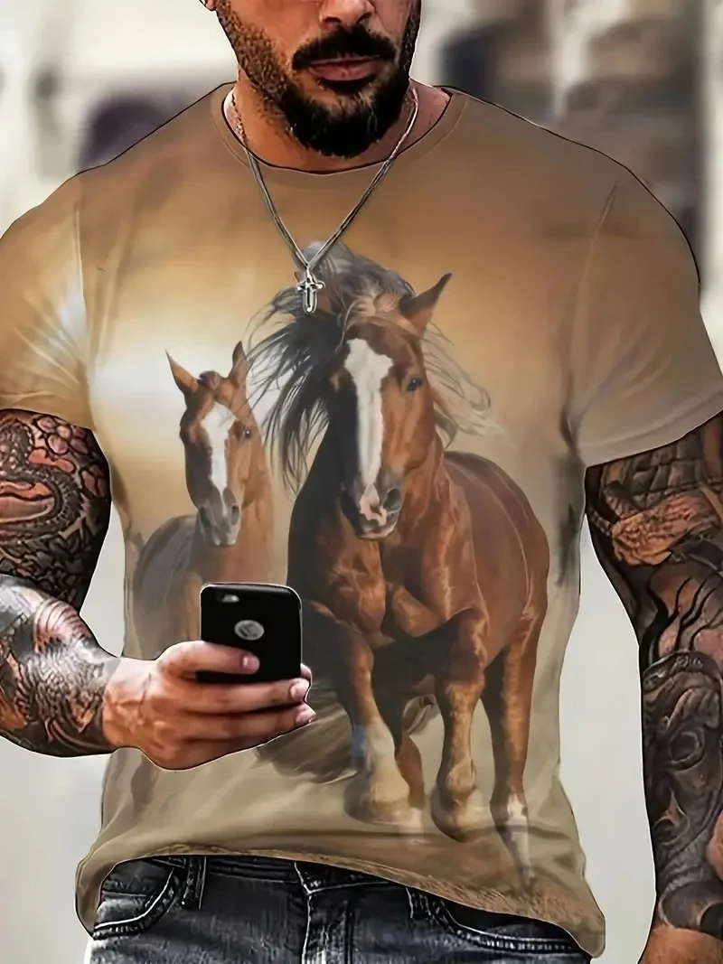 Summer Horse Print Men\'s Graphic Design O-Neck Men\'s T-shirt Short-sleeve Tees Loose Daily Men Clothing Casual Streetwear