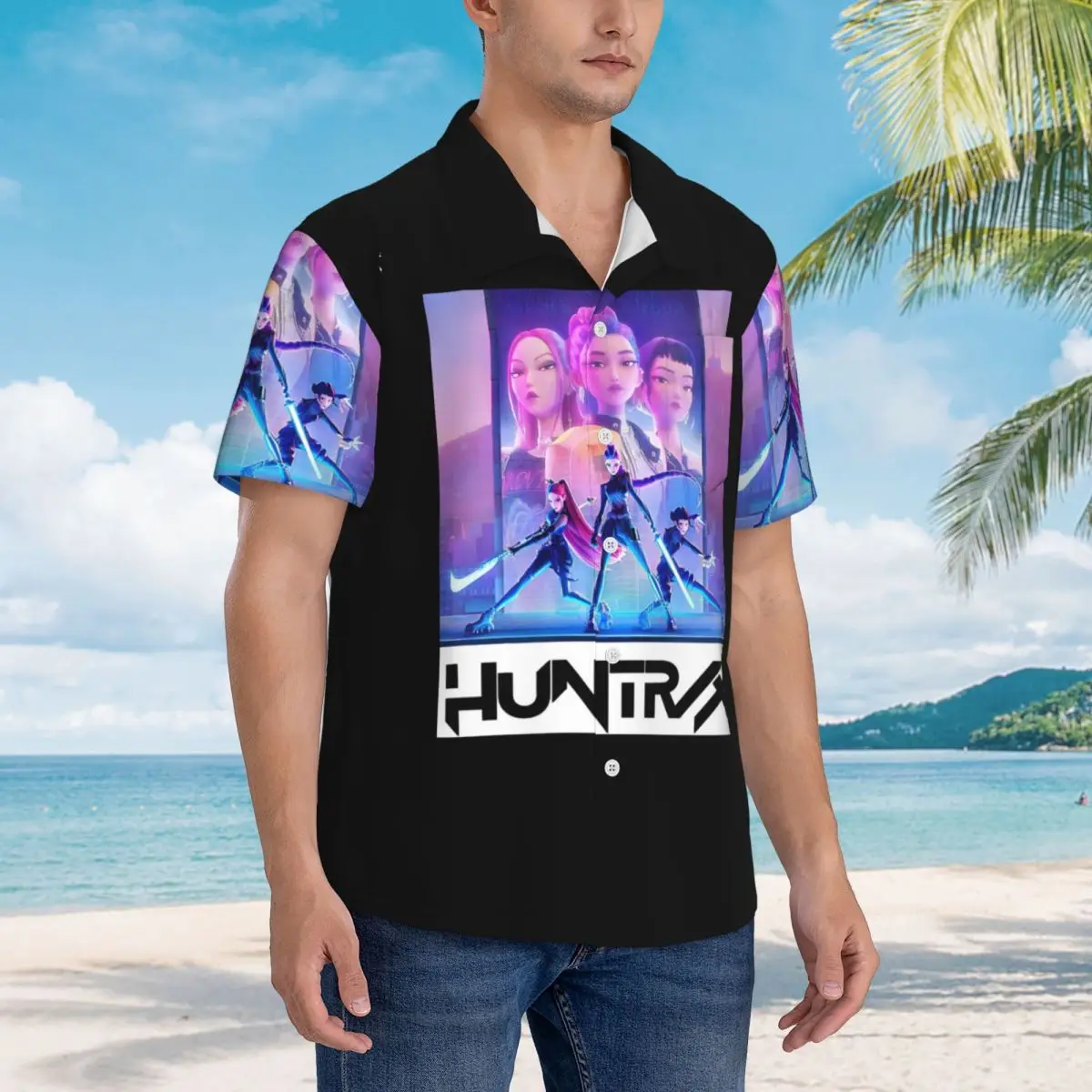 

Huntrix-KPop Demon Hunters Гавайские рубашки Модная мужская рубашка с коротким рукавом для лета, пляжные мужские топы на пуговицах