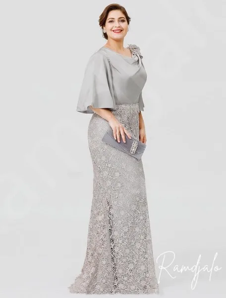 Customized Long Mother Of The Bride Dresses for Weddings Guest Silver Mermaid Bowl Half Puff Sleeves Plus Size Shoulder Flower