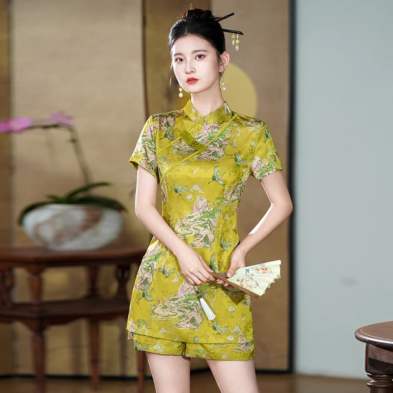 

Modern Oriental 2 Piece Set Qipao- Crane Print Shorts Outfit Cheongsam Style Summer Luxury Sexy Clothing