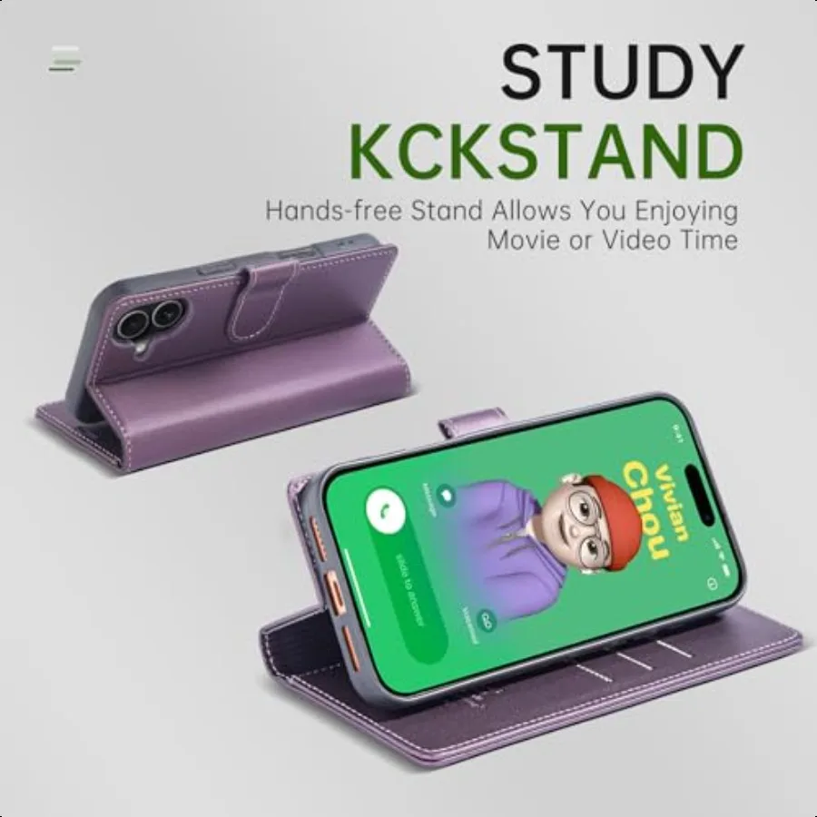 حافظة محفظة لهاتف آيفون 17 مع حامل بطاقة الائتمان من جلد البولي يوريثان ومسند قابل للطي وغطاء حماية مضاد للصدمات لهاتف أبل 17 #4