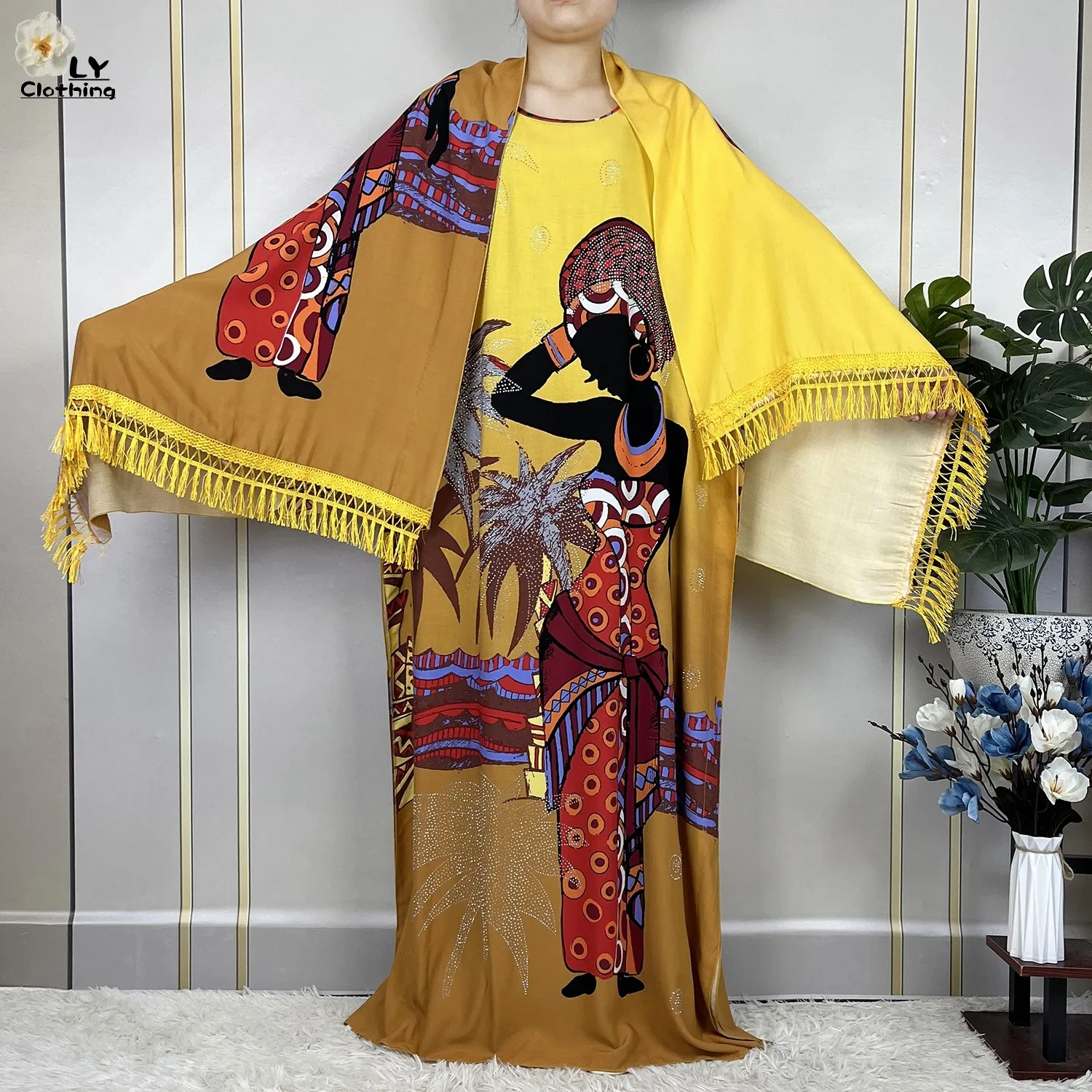 New African Abaya Summer Dress With Big Scarf Women Short Sleeve Dashiki Diamond Printed Floral Loose Cotton Maxi Islam Clothing