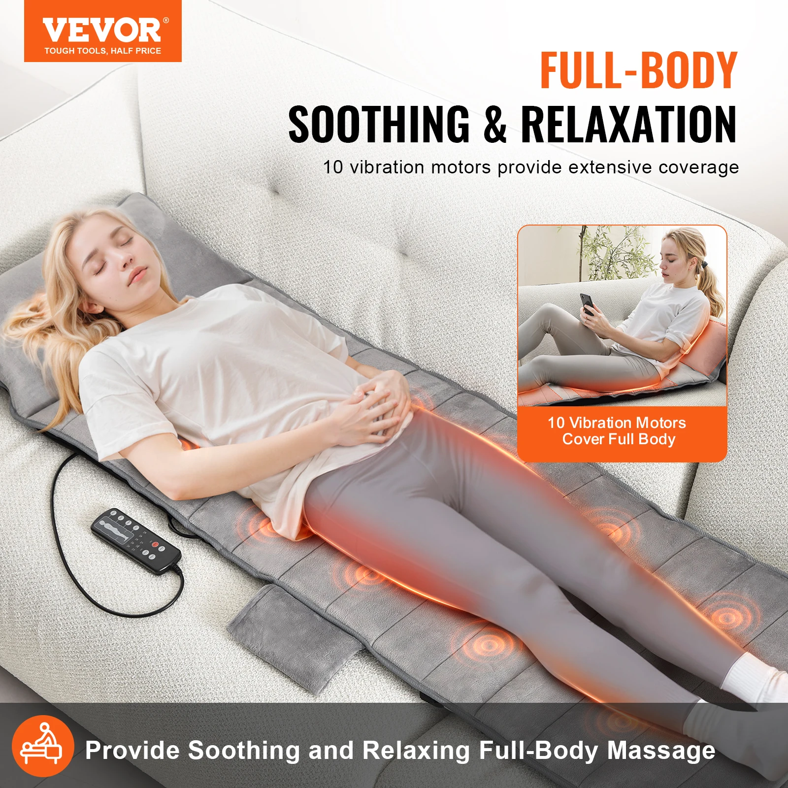 VEVOR Full-Body Massage Cushion with Heat 10 Vibration Motor 5 Modes 3 Intensities 3 Heating Pads Fatigue Relief for Home Office