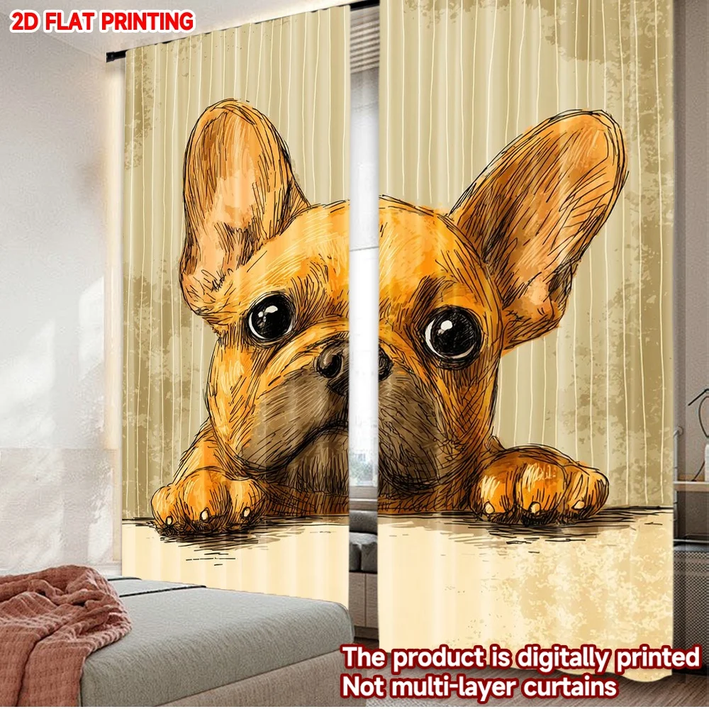 2D-Flachdruck, 2-teiliger Vorhang, bezaubernde französische Bulldoggen-Zeichnung, digital bedruckte Polyester-Vorhänge für alle Jahreszeiten, Party & Feierlichkeiten