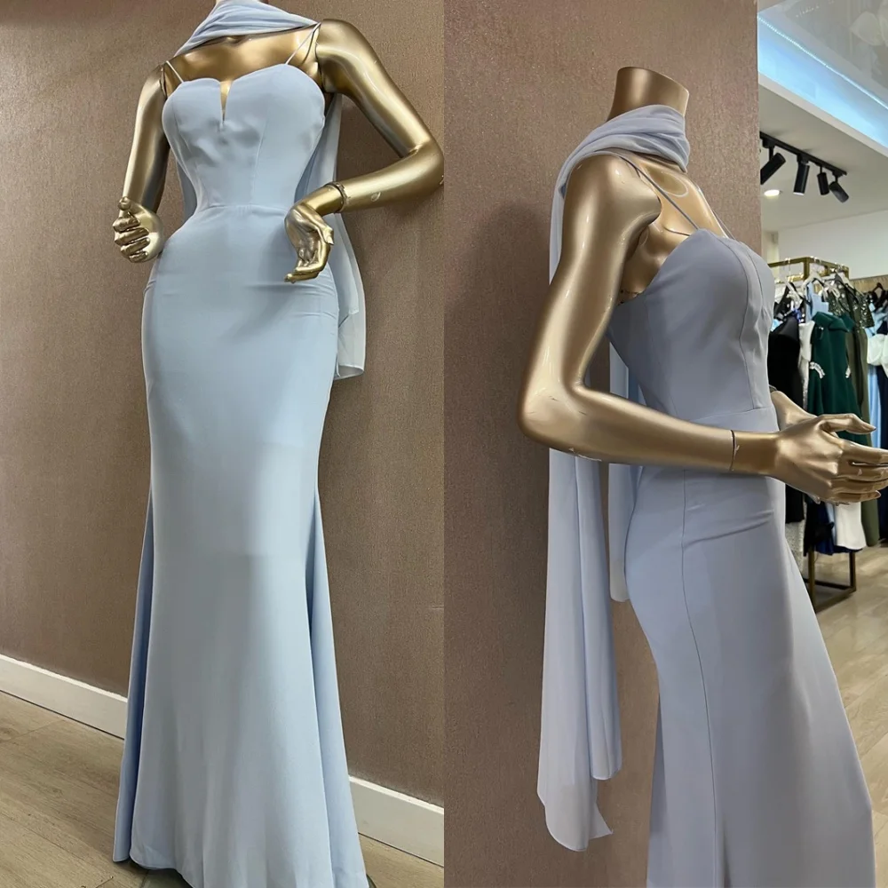 

Customized Modern Light Blue Jersey Evening Dress Classic Square Collar Spaghetti Straps Zipper Back Special Occasion Gowns