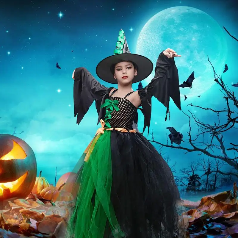 Hexen kostüm für Mädchen 4 Stück Hexen kleid Kostüme mit Hexen hut und Besen Kinder Halloween Hexen kleid Vierkant hals Spitze