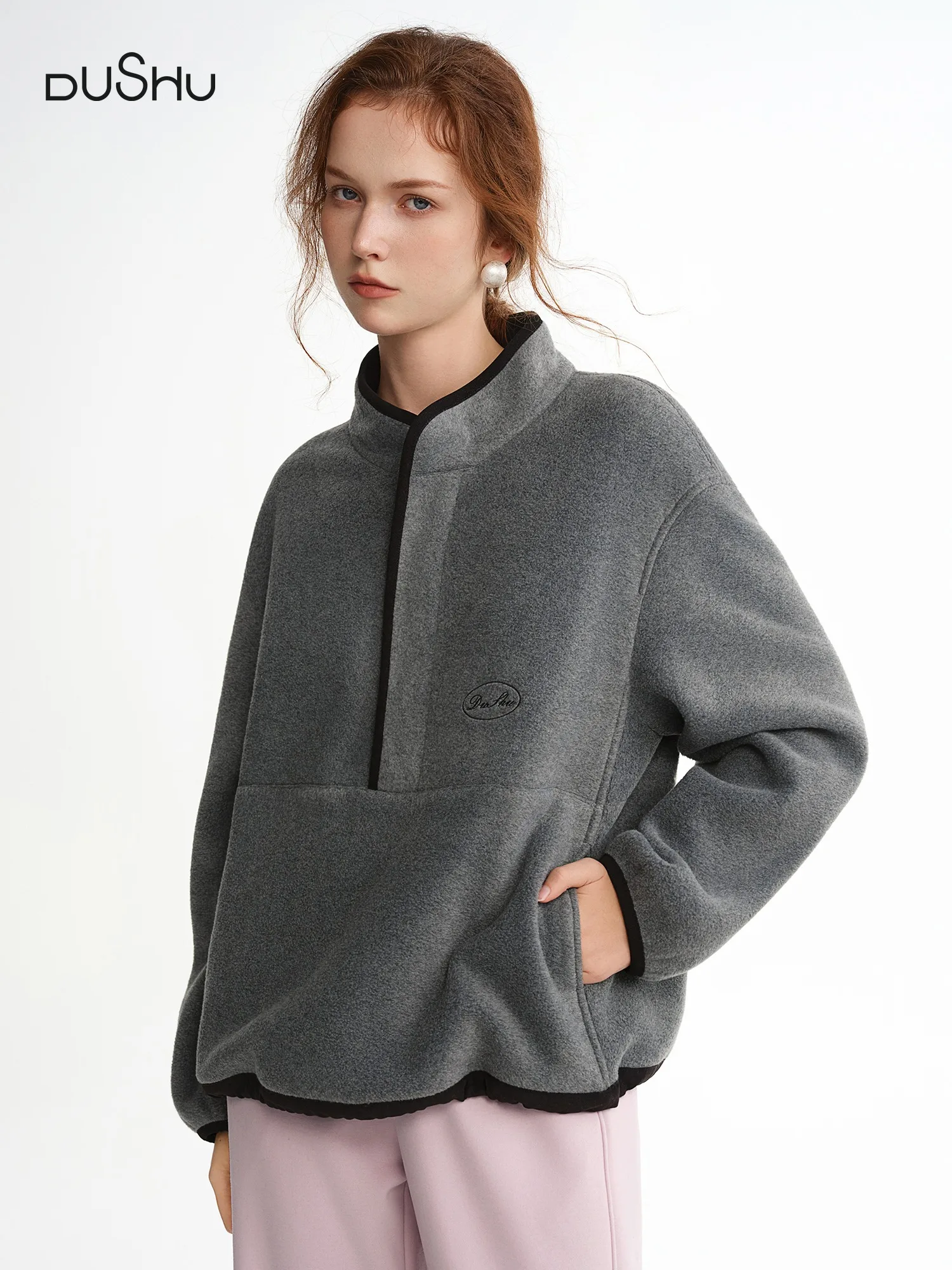 DUSHU 2025 سويت شيرت نسائي شتوي من الصوف مع ياقة نصف سحاب - بلوزة ضيقة بأكمام طويلة لملابس خارجية غير رسمية #1