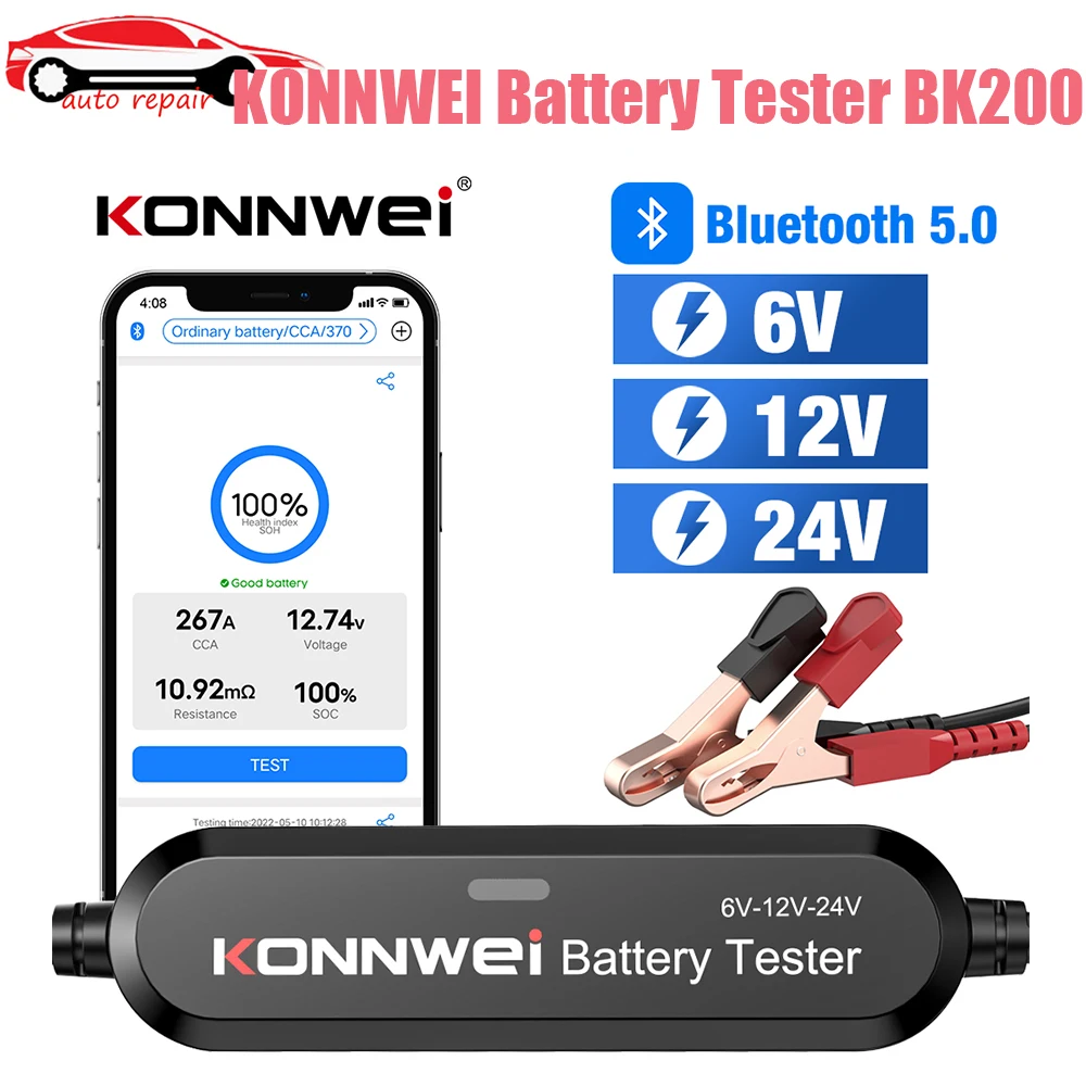 KONNWEI Battery Tester BK200 Car Charger 12V 24V 6V Inspection Tools BK100 Motorcycle Automotive Battery Analyzer PK KW650 KW510